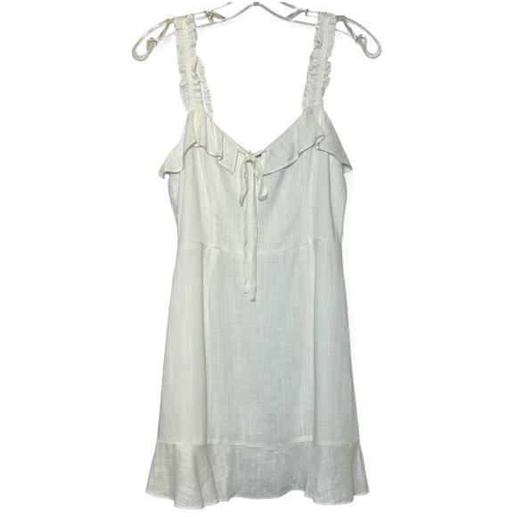 Lulus Ivory Ruffle Linen Mini Dress Small Bridal Shower Coquette - Picture 5 of 15